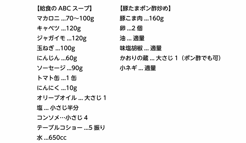 給食のABCスープ、豚たまポン酢炒めの材料