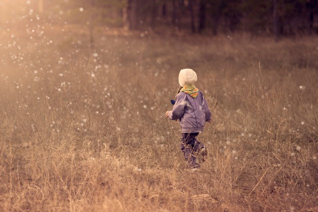 野原を走る帽子を被った子ども