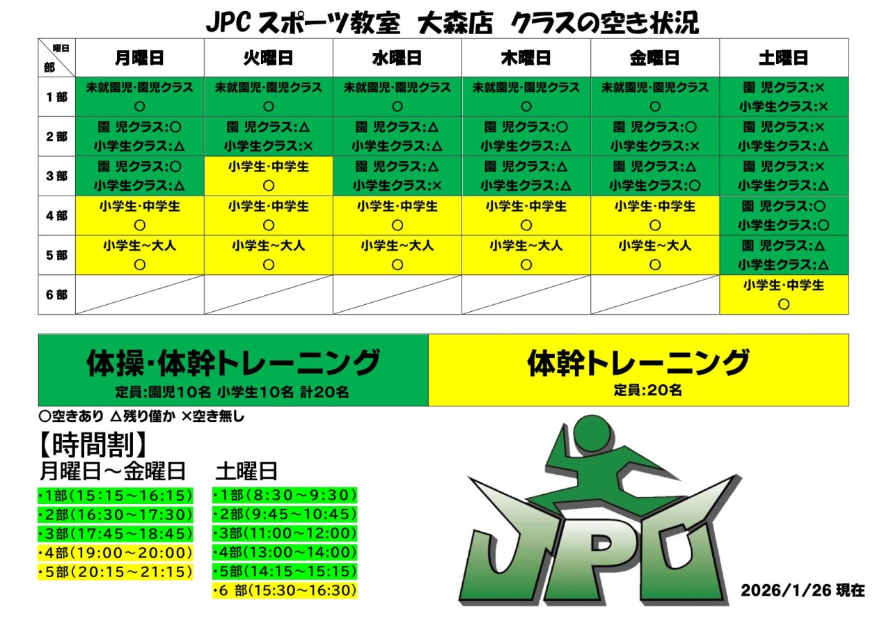 クラスの空き状況のご案内