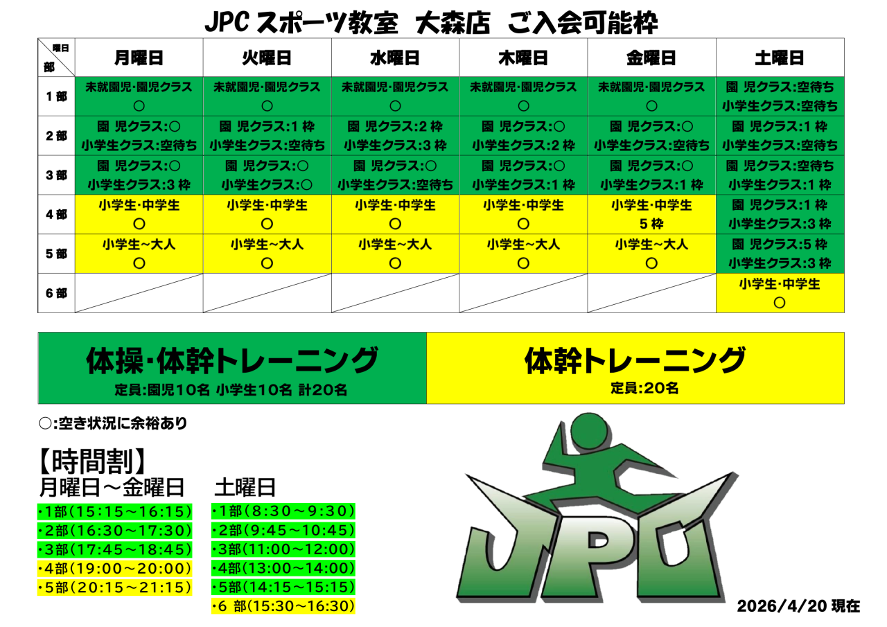 クラスの空き状況のご案内