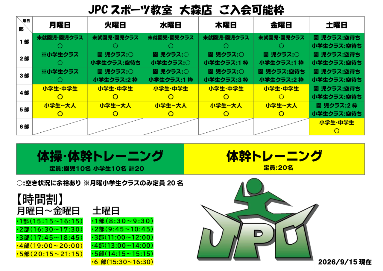 クラスの空き状況のご案内